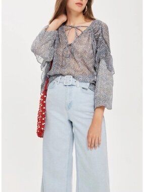 TOPSHOP Sheer Balloon Sleeve Top Blue Floral Size